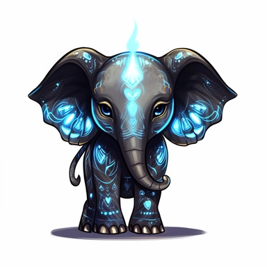 a cute and whimsical glowing tribal elephant with blue lights on his eyes, tribal animals, in the style of bold black outlines, manhwa character design, master of shadows, burned/charred, himalayan art, dark black and light azure, clipart, on white blackground