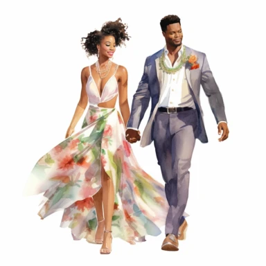 Athletic Afro-Caribbean bride and slim Chinese groom, walking hand in hand, confident and radiant, watercolor, Pixar style, Clipart on a white background.