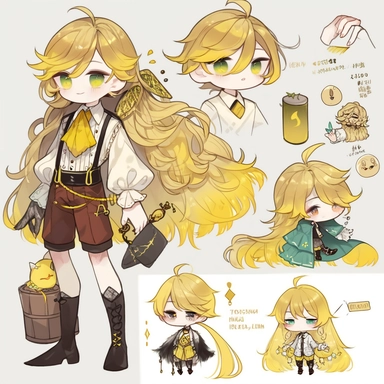 character sheet, knoling, clipart, inventory catalog, cute chibi character, golden wavy long hair, long bangs, yellow-green eyes, flat chest, beautiful young boy, gothic, frill, lace shirt, high West brown shorts, yellow bird, mimosa, yellow jewelry, ribbon