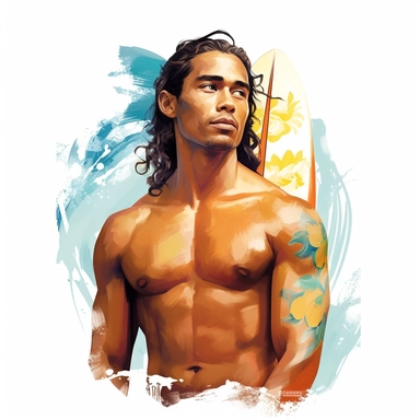 beautiful stunning hawaiian surfer young man , paint art style, clipart, white background, superrealistic, one of a kind