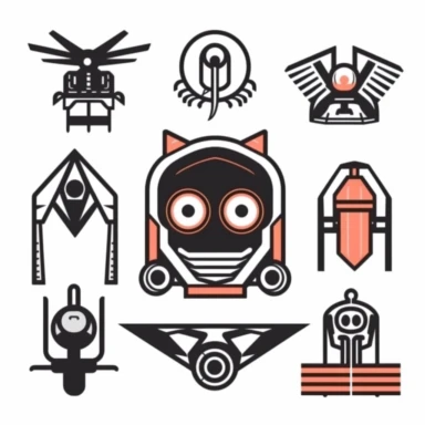 a set of black line clipart inspired by owl mutants and cyborgs and killer robots and 1980s dark scifi films and our dystopian techno-corporate oligarchy