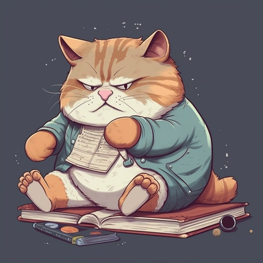 Chubby cartoon cat studying for school, highly detailed, anime, adorable, pastel,clipart