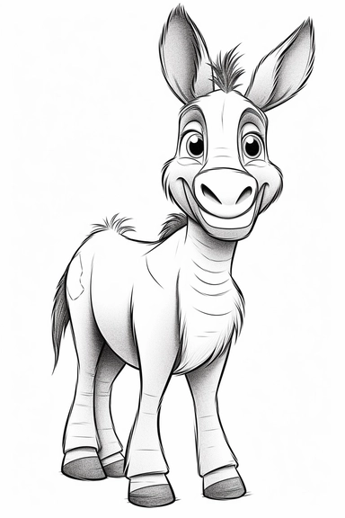 pixar Donkey clipart, simple line art, monocromatic, isolated on white background, color image, full body, stroke line art, for toddler coloring, 8k
