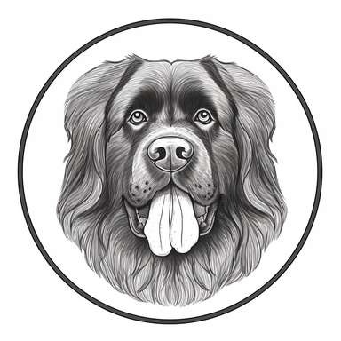 logo, graphite drawing Leonberger dog , head, facing front, cute, circle frame, cartoon clipart, vector, bold line, white isolated background, high definition