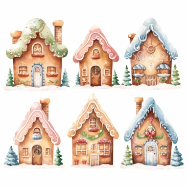 very simple watercolour childrens book style drawing of different cute gingerbread houses, pastel colours soft on white background for clipart, 8k