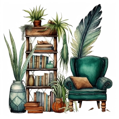 A boho style home corner with watercolor effect, boho furniture, boho style tools, feathers, boho style details, boho colors, suitable for digital clipart, white background, boho style green plants