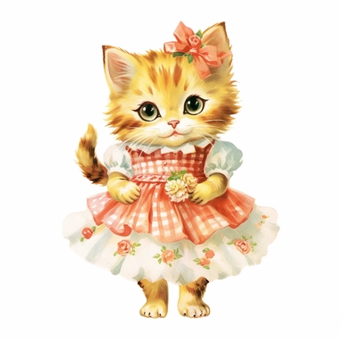 50s vintage kitsch cat illustration clipart, watercolor, Hand drawn painting, isolated on white background, watercolor illustration by katie daisy, highly detailed, white background for removing background - - no text shadow font watermark