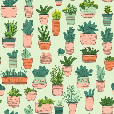 A cheery, clipart-style pattern of various potted plants, each with its own unique character and charm. Some pots have blooming flowers, while others host succulents, ferns, and even bonsai trees. The colors are mild and soothing, and the pattern seamlessly repeats, creating an endless garden, perfect for creating a calm, green space on any wall.