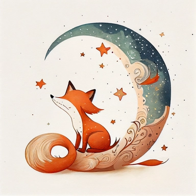 hildren's book illustration of a cute fox, moon, stars, smooth watercolor details, in the style of Pixar, superb color, outline, nursery art, popular on pinterest, clipart, trending on artstation, minimalist, flat design, white background, insane deails, intricate details