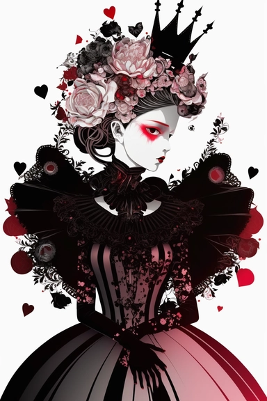 <https://s.mj.run/9tV4APT6Ydk> macro shot, haute couture dolce & gabbana illustration clipart of gothic Alice in Wonderland evil queen of hearts with black diamonds and flowers, pink color palette, white background,