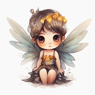 chibi little girl, big eyes, dressed as a fairy with wings on her back, beautiful and happy, she is sitting and head is turned towards camera, very detailed and realistic, watercolor, white background with margins, clipart style