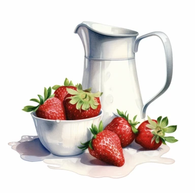 realistic high detailed watercolor strawberries and a jug of milk clipart, white background,