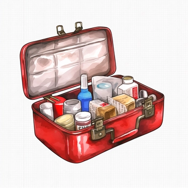 watercolor, First aid kit - Clip art of a first aid kit or medical supplies. png Full body realistic cartoon in 32K UHD cute. 15 cm thick outline. Black color. There was no shadow on the ground. 8k with realistic watercolors and detailed illustrations. PNG clipart, transparent white background