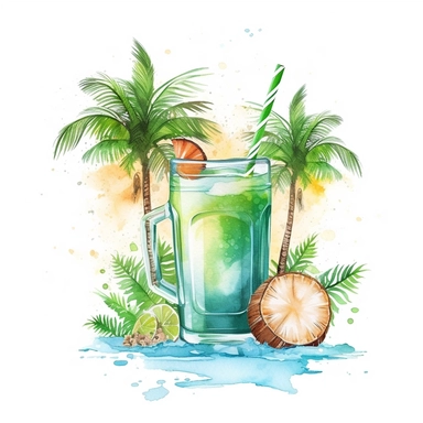 logo summer Fresh cold cocktail on tropical beach with palms and bright sand. Summer sea vacation and travel iclend clipart watercolor white background