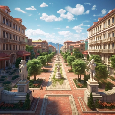 a wide street with pompous roman style houses with gardens with clipped bushes and statues