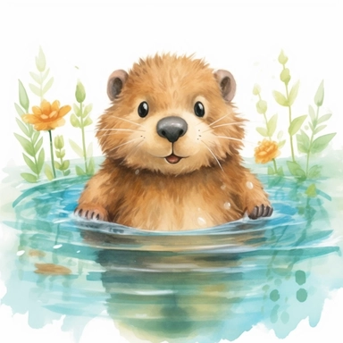 woodland animal cute baby beaver swimming in pool watercolor clipart detailed