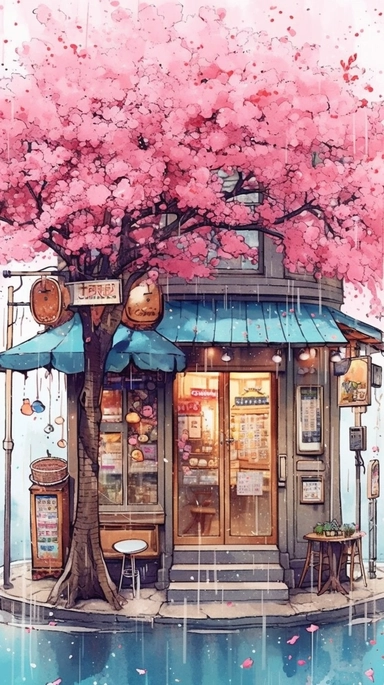 Very very cute and Whimsical quirky Jazzy coffee shop, building corner, cherry tree blossom, Raining colorful, Watercolored illustration in the style of Michael Powell, clipart, city vibe background - 8K