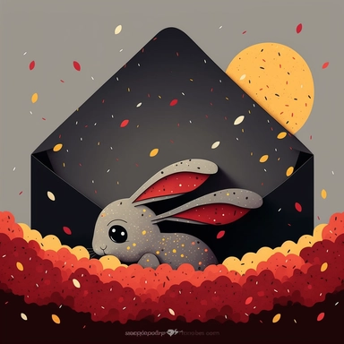 clipart, hand painted, watercolor, vectors, gray background, sharp focus, highly detailed, Rabbit, Chinese New Year, Bright Red, Celebration, Colorful Confetti behind, Cute, Cheerful, pixar style, Moon behind, yellow field of barley behind, dark red envelopes in the air