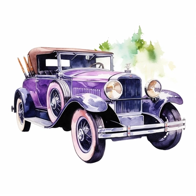 A clipart of a 1920s flapper-era automobile, painted in watercolor style, designed on a white background.