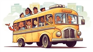 vector clipart of an older greying bus driver happily driving a school bus full of happy ethnically diverse young children to school isolated on a white background
