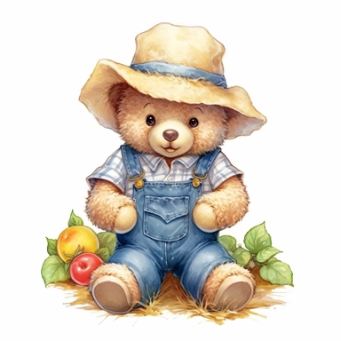 Adorable cute fantasy Teddy bear dressed like a farmer, nursery art, clipart image, lineart image, white background, very detailed, 8k
