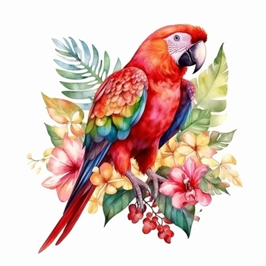 vibrant watercolor cute tropical red parrot flapping wings with flowers and leaves surrounding his feet clipart isolated no background