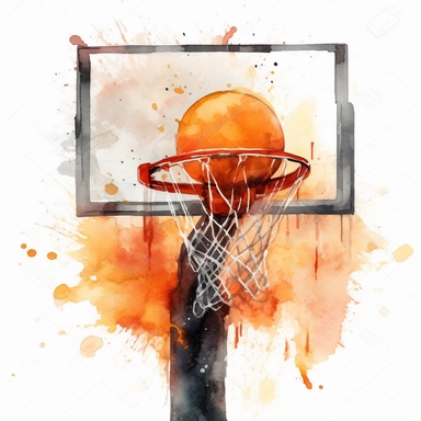 a watercolor clipart of a basketball going into a backball hoop with a glass backboard portrait, watercolor painting, no background, white background color, no-text