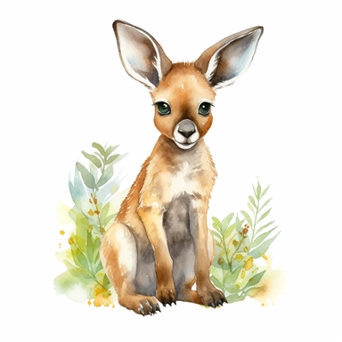 a vibrant baby kangaroo with kind eyes clipart with watercolor illustration,full body shot,8k,etsy style, white background