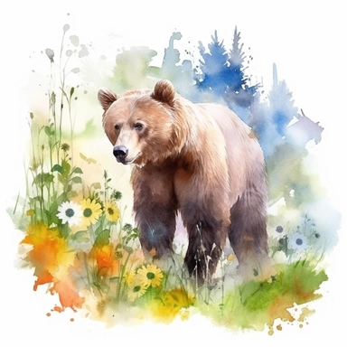 detailed watercolor clipart, photography style, beautiful bear, in a meadow, HDR, spring floral,self shadow, white background
