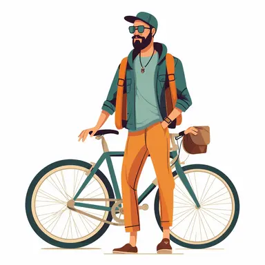 a modern style guy with a bicycle graphic, clipart, white background