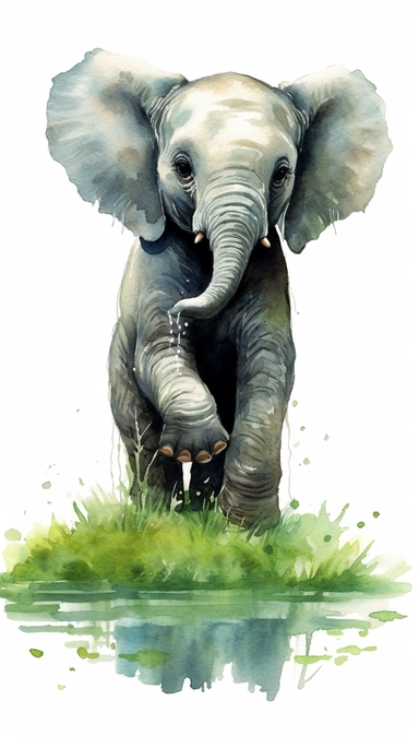 worlds cutest, adorable, realistic, life like image of a baby elephant with his trunk raised in the air and standing in a green grassy field and pond, watercolor clip art, white background ,artist rendition, sharp focus, extreme detail,