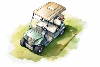 watercolor, Birdseye view of golf cart on the golf course clipart, HD, on white background, spaced out