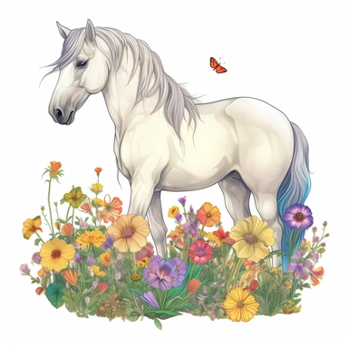 hyperrealistic, beautiful white horse, grass and flowers with sun, cartoon style, no background, no shading, white background, funny and fruit, fantasy, Realistic colorful magic musroom, clipart background, sticker, drawing, fantasy, lot of details, psychedelic, no watermark, purple,