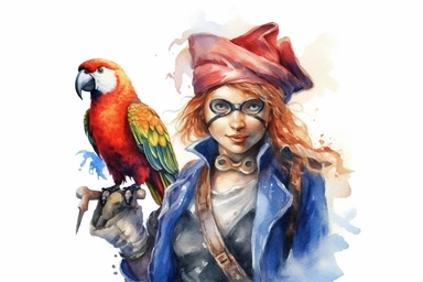 Watercolor, Design a cartoon character dressed as a pirate, with an eye patch and a parrot on the shoulder, depicting a female pirate clipart, hd, on a white background, spaced out