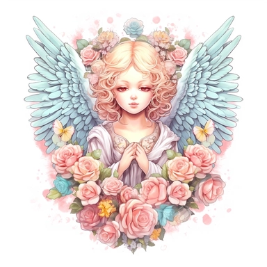 Cute Beautiful Pastel Angel Floral Clipart, Cartoon, hyper realistic, intricate detail, illustration style, high resolution, on the white background