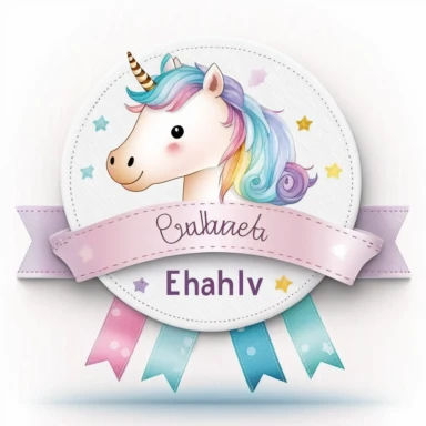 personalised name plate ribbon for text, a large unicorn chibi face, birthday invite, pastel clipart, Watercolour, pure white background