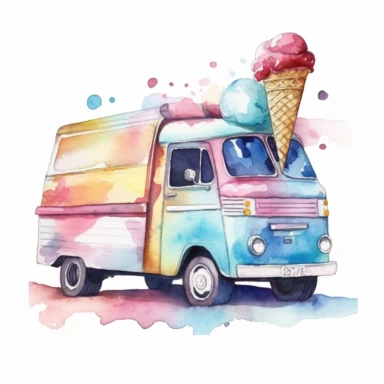 ice cream truck watercolor clipart, white background
