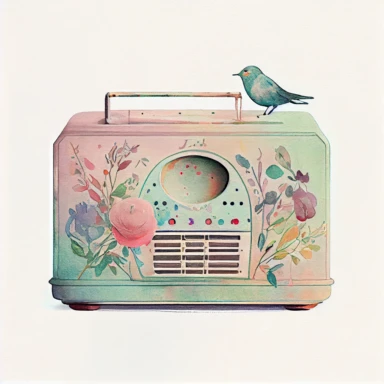 Vintage old radio ( a little floral, bird on radio) pastel rainbow watercolor clipart