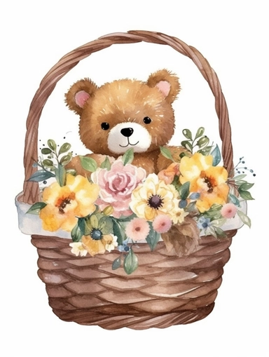 Watercolor clipart set with white background, Teddy bear in a brown floral basket , cute and adorable, flat design, clearly defined separated image, high quality