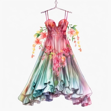 panoramic view, full view, beautiful flowing tropical party dress in vibrant colors on ornate hanger, shabby chic, elegant, ethereal, romantic, fantasy, high detail, shabby chic, sharp focus, 8k, illustration sketch, clipart style, transparent background