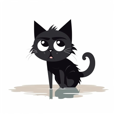 shaggy cartoon style wet black cat with a wide eyed, desperate look, begging to be let insisedsilhouette vector flat simple identification symbol white backround white background minimalistic clipart png svg