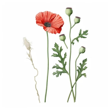 Watercolor of tall slender micro dainty red poppy leaves on a single stem with closed poppy seed head. Ikebana red poppy, leaves typically have a distinctive elongated shape with a pointed tip, and are deeply lobed or dissected. The lobes are typically rounded or toothed, and may be arranged alternately or opposite each other along the stem. Floral Clipart, poppy, Minimalist Flowers Watercolor, Ikebana Clipart, Separated design