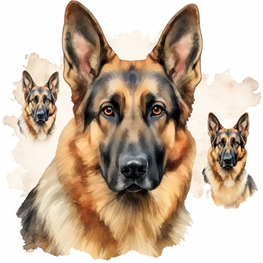 watercolour magnificent beautiful german shepherd dog beautiful details four perfect legs and paws realistic beautiful facial features ultra detailed ultra photo real intricate detailed png image ,high definition,300dpi,graphic clipart,computer graphics