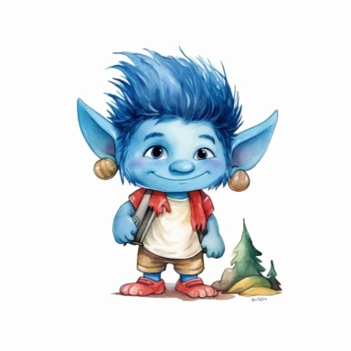 a watercolor, cute troll, hair standing up, blue hair, little nose, precious moments, camping, summer, clip art, contrasting colors, white background.