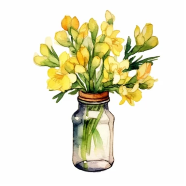 a bunch of freesia in a empty bottle no water mark, water colour clipart, white background