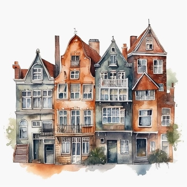 Dutch houses, clipart, watercolor, illustration