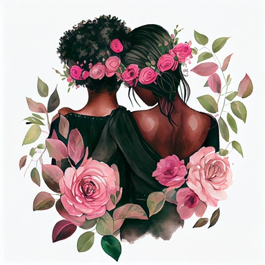 Watercolor black women best friends hugging each other sitting with their backs together with pink roses and delicate vines clipart