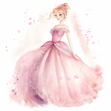 .''princess hellen full body watercolour clipart high quality'' smile face pink large dress