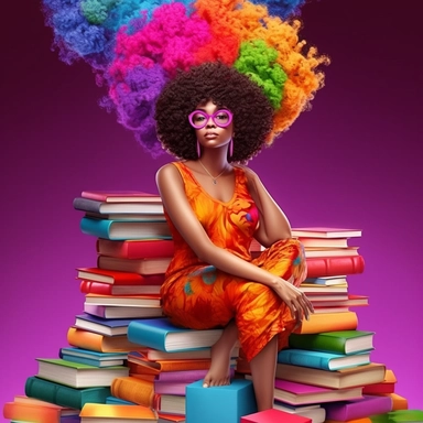 imagination, Clipart illustration of afro cosmepolitian woman sitting on top of books, realistic in the style of nene thomas, 100k background, Abstract, Colorful, beautifully color - coded, beautifully color graded, Unreal Engine, Cinematic, Color Grading, Editorial Photography, Photography, Photoshoot, Shot on 70mm lense, Depth of Field, DOF, Tilt Blur, Shutter Speed 1/ 1000, F/ 22, White Balance, 32k, Super - Resolution, Megapixel, ProPhoto RGB, VR, Lonely, Good, Massive, Halfrear Lighting, Ba