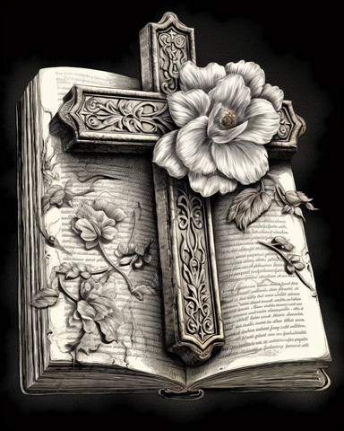 realistic colorized, intricate detailed sketch black white clip Art line art with shading of a metal Christian cross, flower and old Bible, mysterious dark background, cut and paste style, hd, 48k,